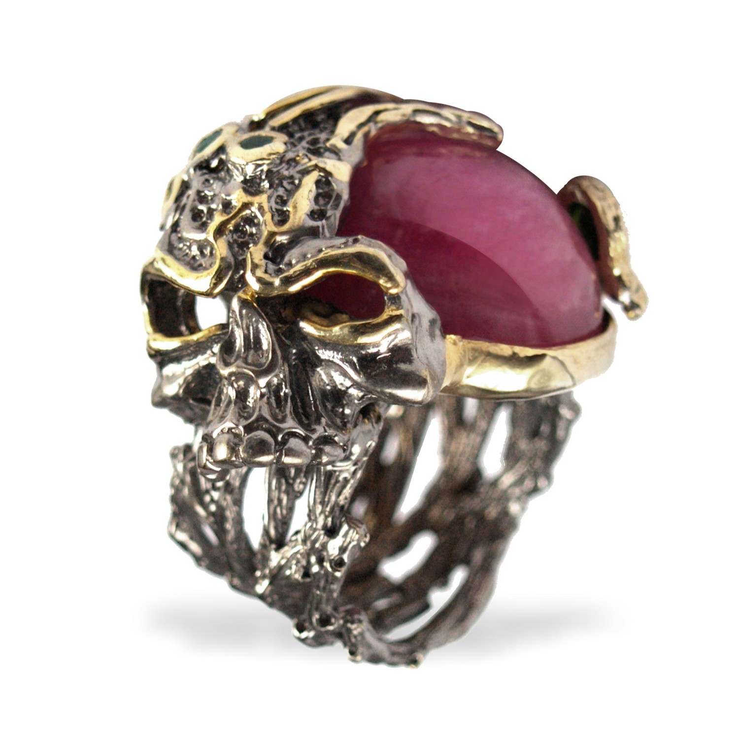 Ring 925 Silber Edelstein Rubin Diopsid Skull Totenkopf handgefertigt Herrenring