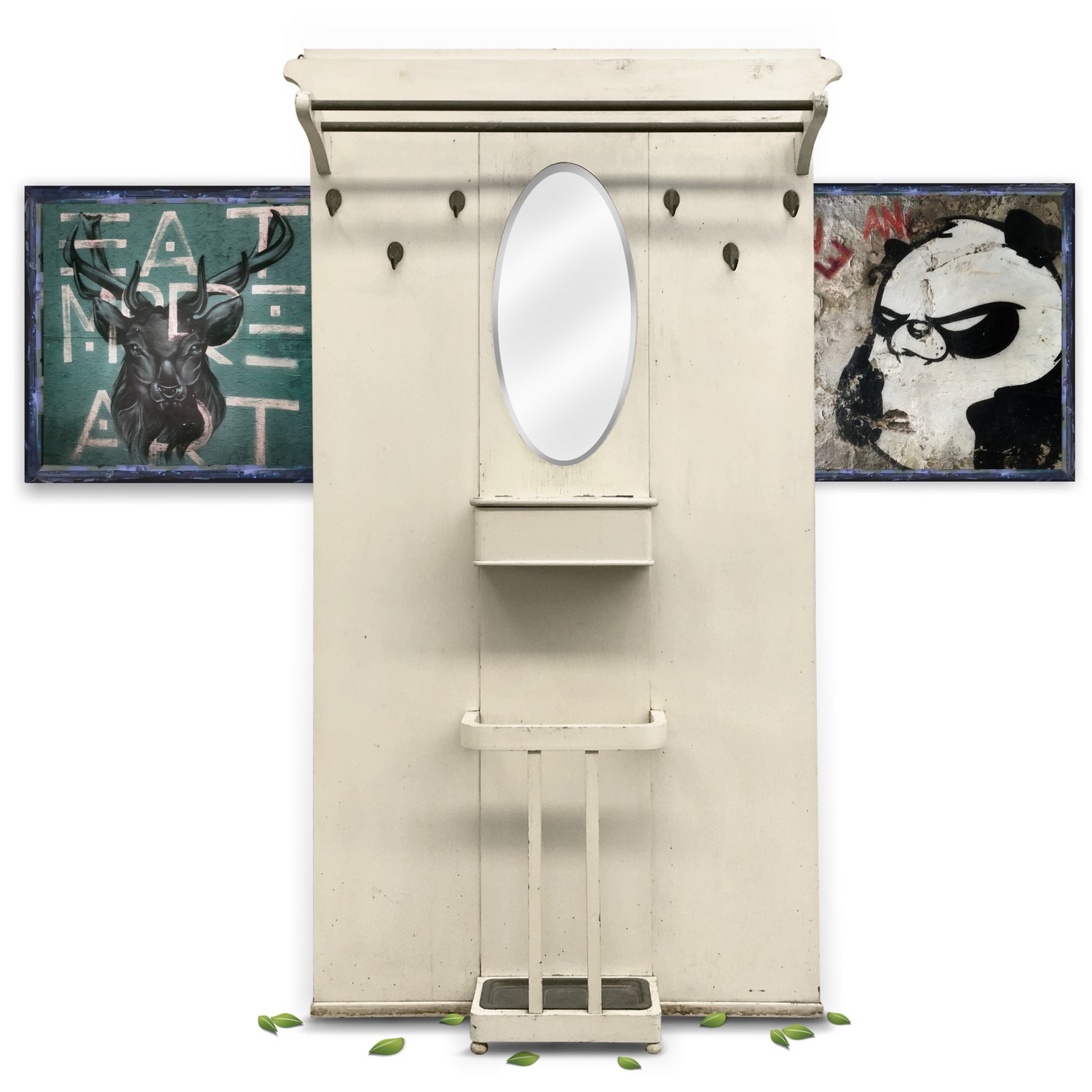 Garderobe Garderobenwand antik Jugendstil Wandgarderobe Shabby Chic Antike Garderobe Jugendstil um 1920, Cremefarbe antik Shabby Chic Wandpaneel Spiegel Schlüsselkasten Schirmständer