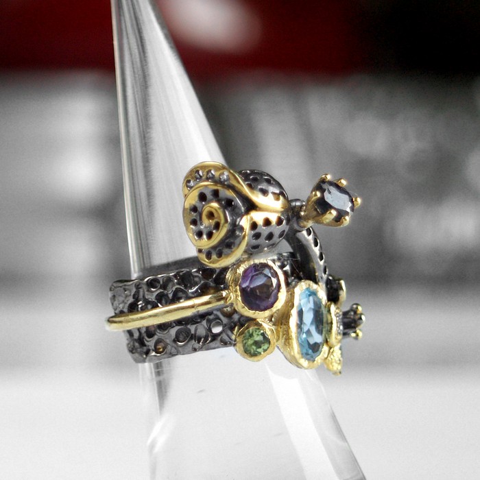 Ring 925 Silber Rose Blumen Multicolor Edelsteine Ring 925 Silber Rose Blumen Multicolor Edelsteine