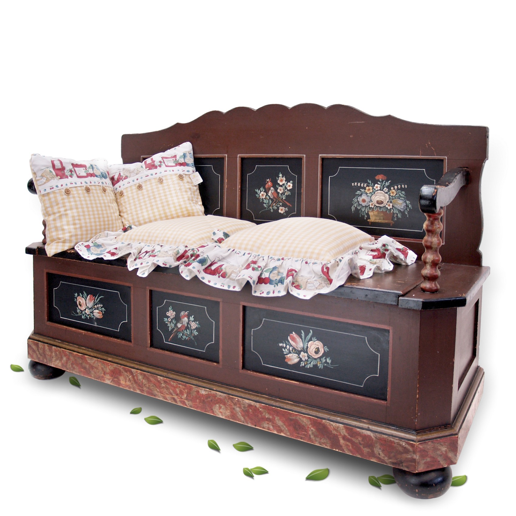 Truhenbank Sitztruhe Vintage Sitzbank bemalt antike Küchenbank Landhaus Bauernmöbel Vollholz