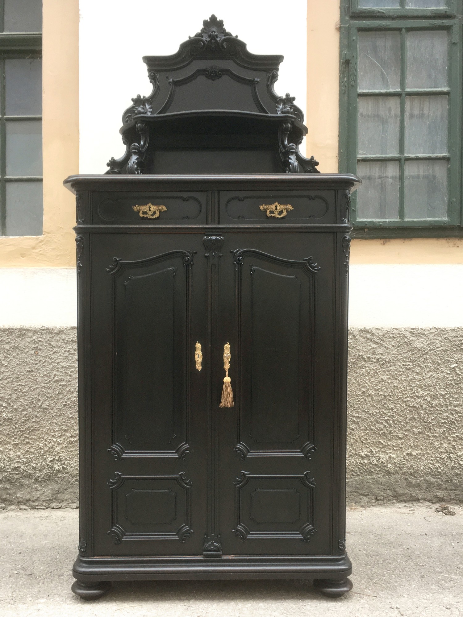 Bueroschrank Vertiko antik schwarz Schrank Antiquität Möbel 1980 Planschrank Küchenschrank