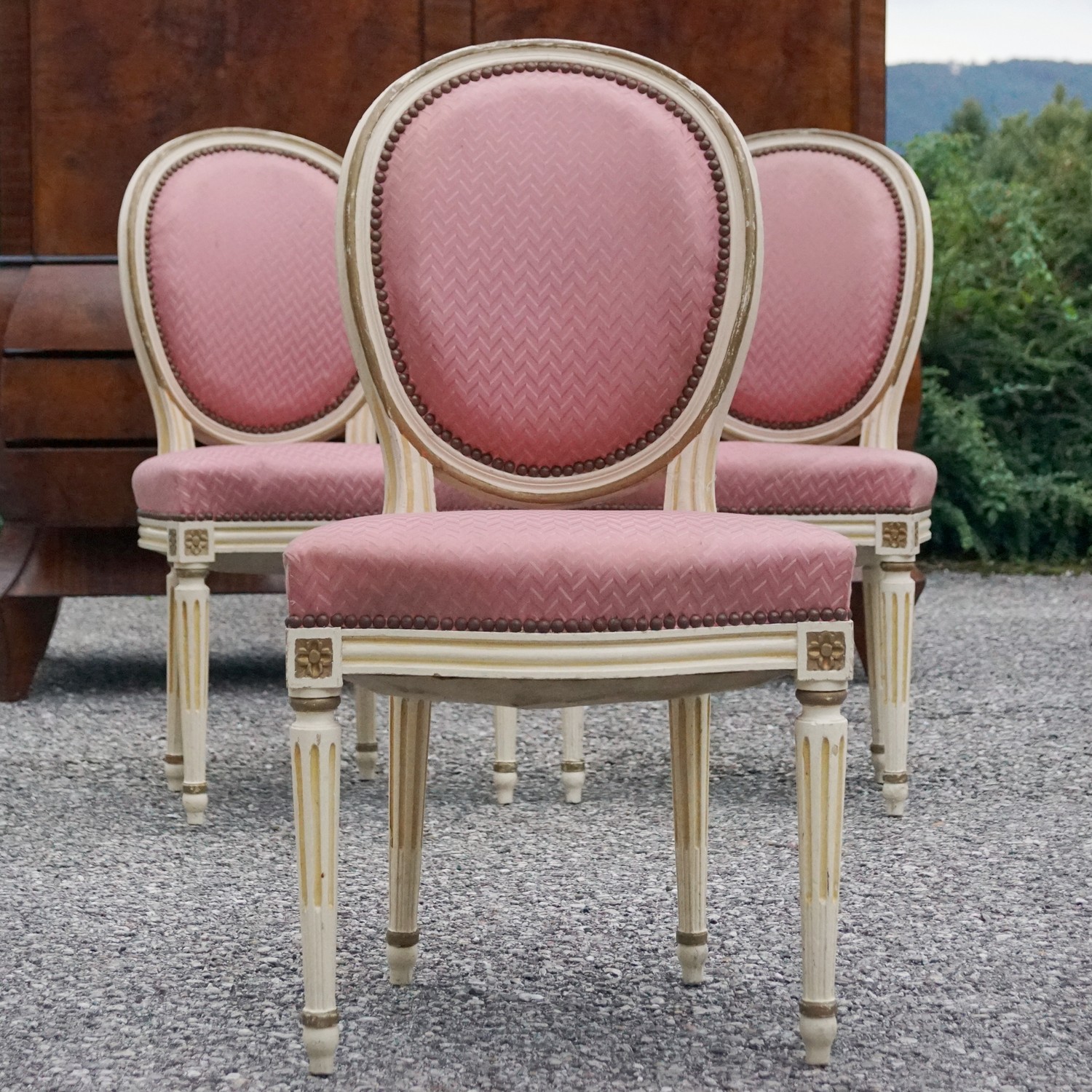 Esszimmerstühle Louis Seize Medaillon rosa creme gold Vintage