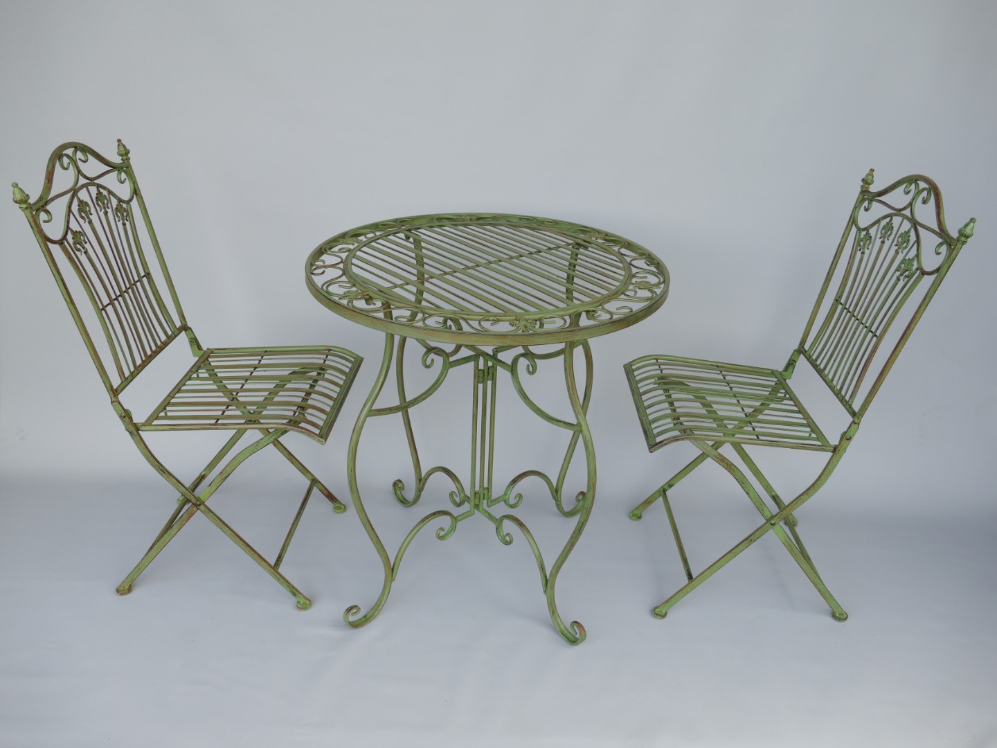 Tisch + 2 Stühle Metall französischer Vintage Look Gartensitzgarnitur 3er-SET Tisch + 2 Stühle Metall französischer Vintage Look Gartensitzgarnitur 3er-SET