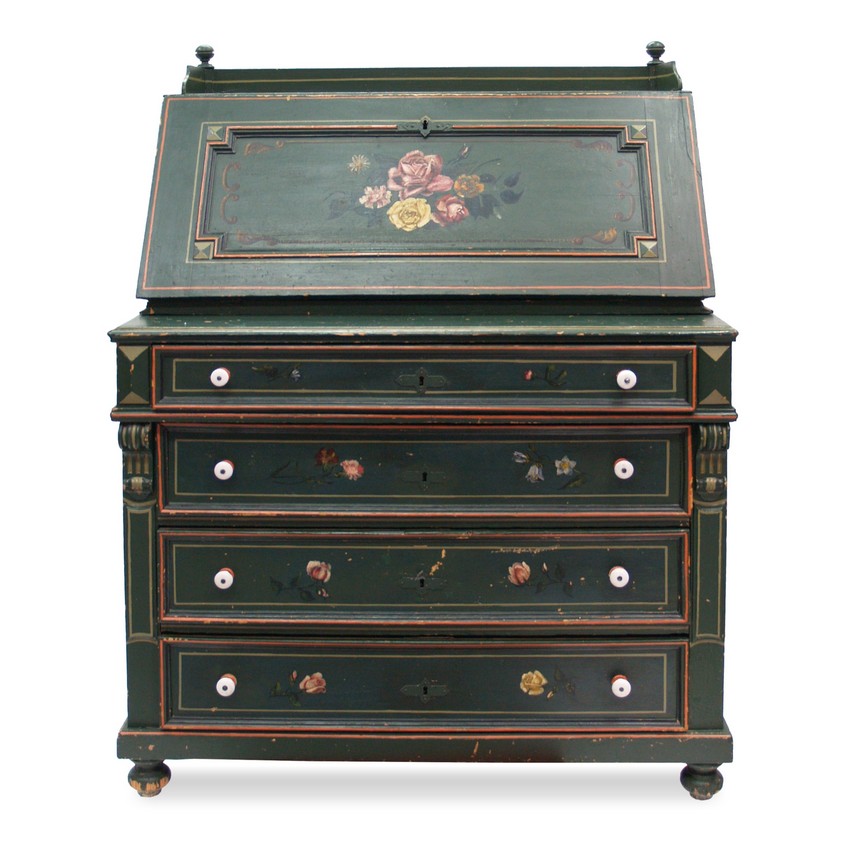 Antiker Schreibsekretär Kommode Vollholz, Sekretär grün Rosen bemalt Schreibkommode Sekretär antik