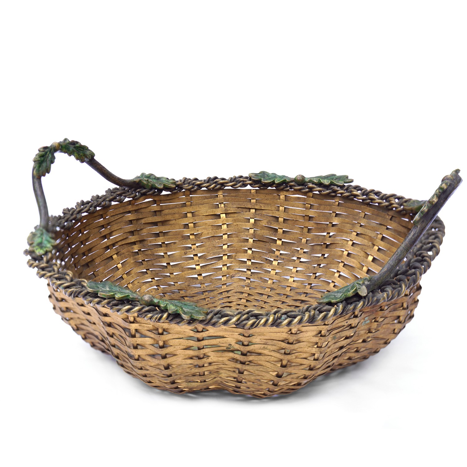 Schale Korb Griffe Messing geflochten Obstschale antik Eichenlaub goldfarben Schale Korb Griffe Messing geflochten Obstschale antik Eichenlaub goldfarben