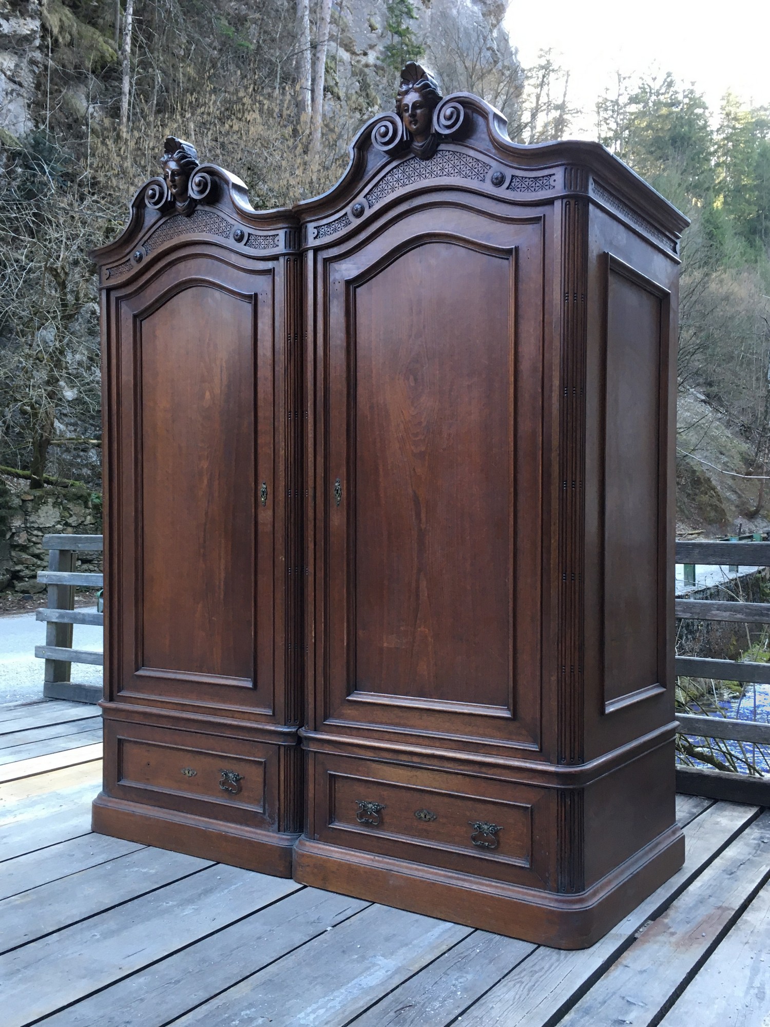 Antiquität Schrank Massivholz Nuss Köpfe Bibliothek Bücherschrank