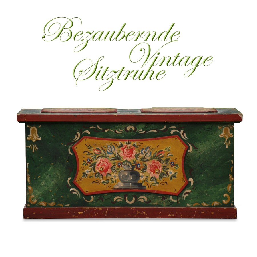 antike große Bauerntruhe grün bemalte Vintage Truhe Bauerntruhe antik bemalt grün