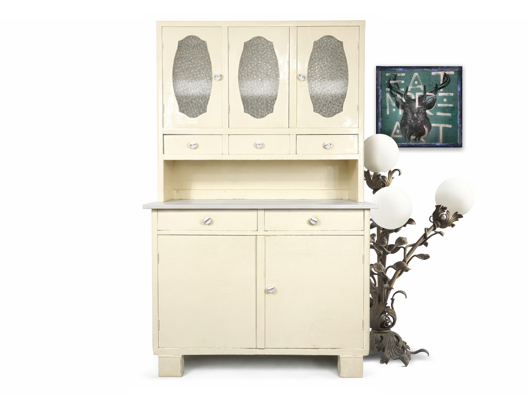 Antike Kredenz Vintage Küchenschrank – Creme, Eisblumenglas Antiker Küchenschrank Art Déco Jugendstil creme pastell