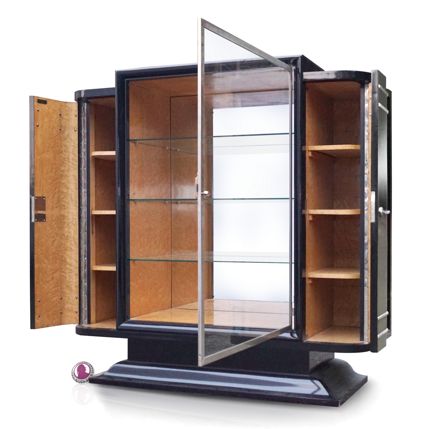 Antiker Schrank ARTDECO schwarz Chromliner Vitrine noir Möbel Original 30er-Jahre Vitrine Wurzelholz Verspiegelt