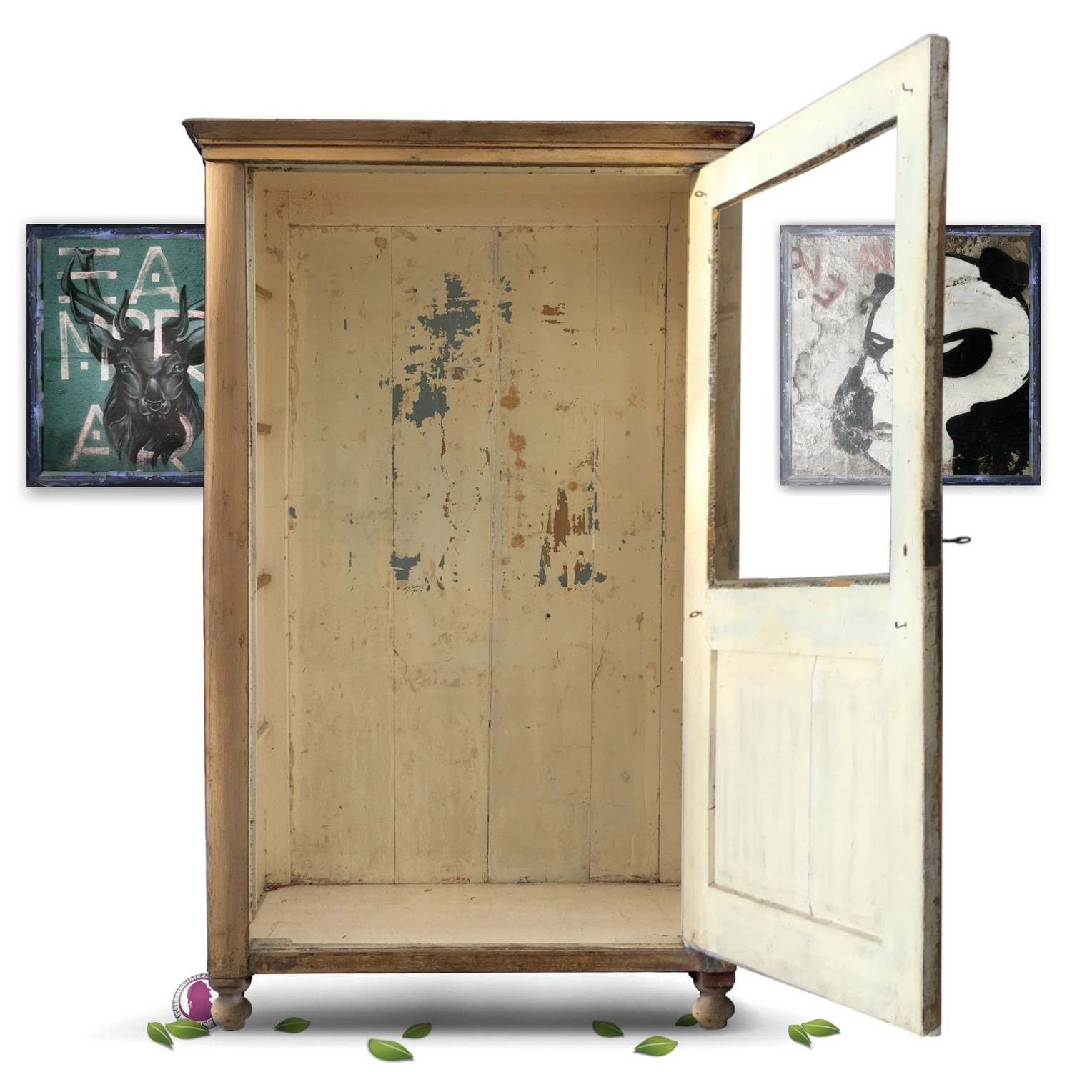 Antiker Vitrinengeschirrschrank Vintage saniert neu restauriert Design Maison Gemälde Abstrakt Kunst