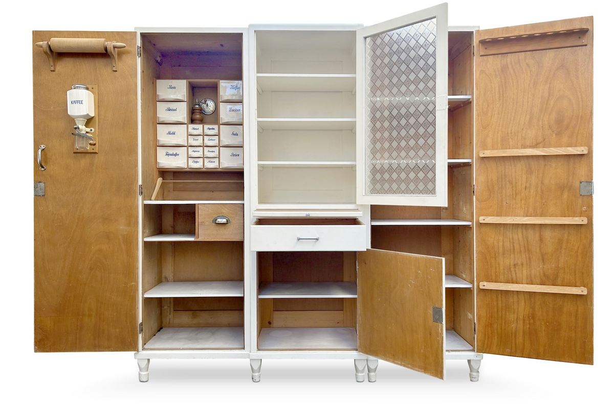 küchenschrank antiker Vorratsschrank Vintage Küchenmöbel Keramikschüttenregal creme MidCentury Deutschland