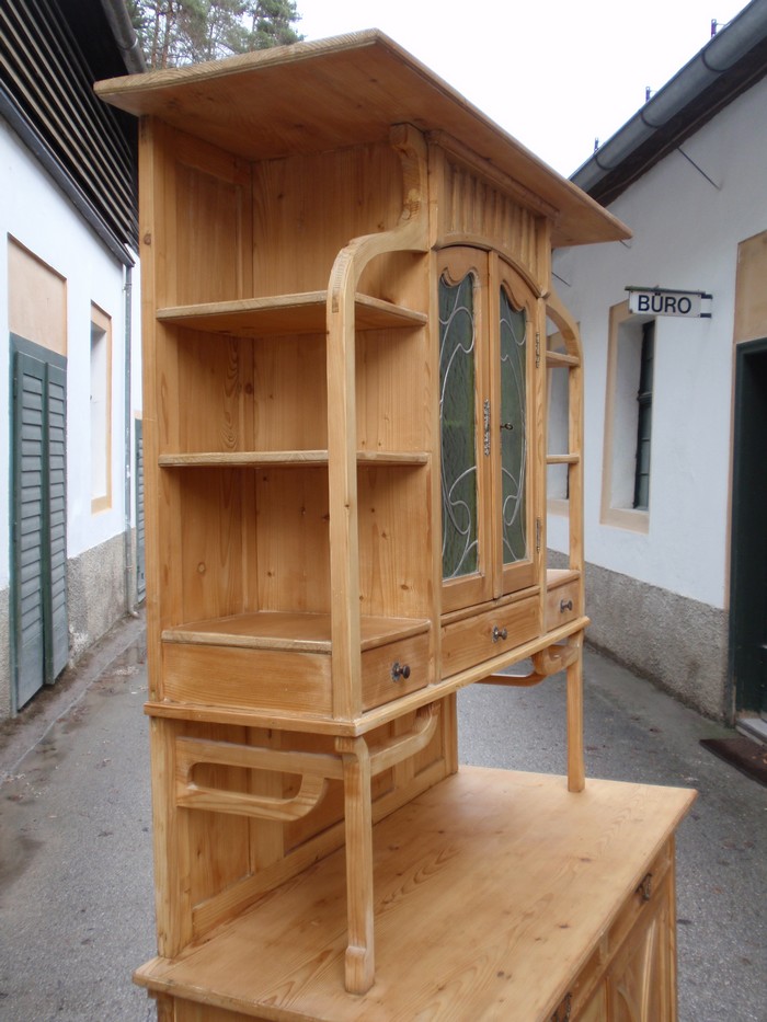 Kredenz Jugendstil antiker Schrank mit Bleiverglasung Weichholz 1920