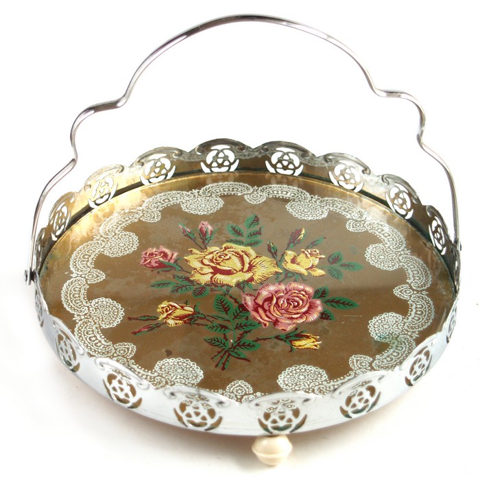 Tablett Anbieteschale silbern Vintage antik Midcentury Geschirr Rosen gold