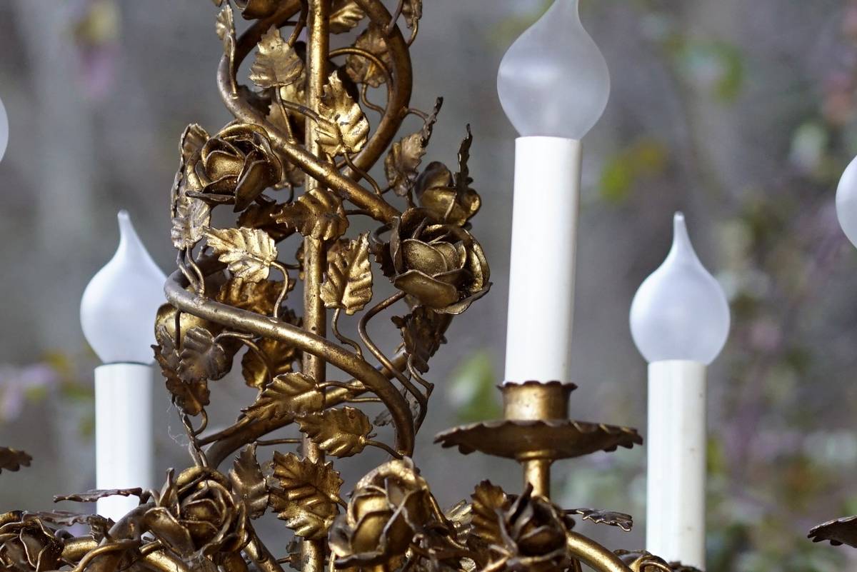 Florentiner Vintage Kronleuchter Rosen vergoldet Jugendstil Mid Century Regency-Stil Kögl