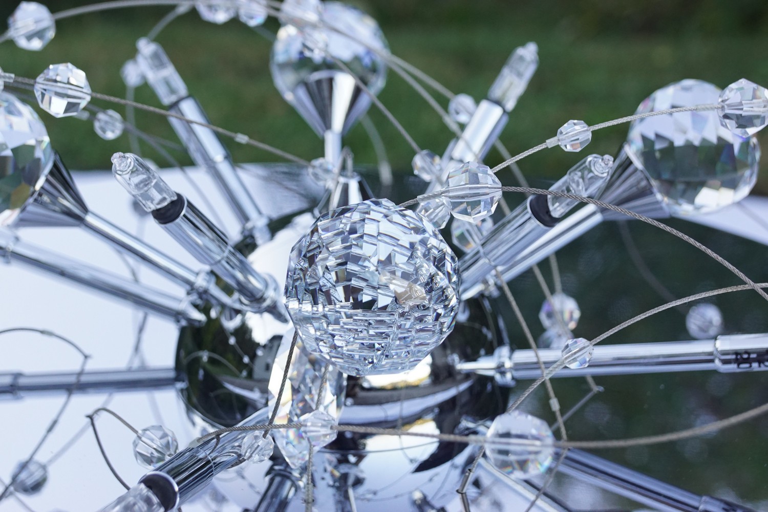 Luster Orion Wien Hängelampe funklender Bleikristall Leuchter Chrom "Uranus" Spaceage Sputnik chrom Lamp Design