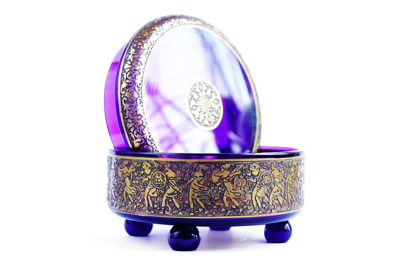 Deckeldose Schale Amethystglas Moser Karlsbad Amazonen signiert