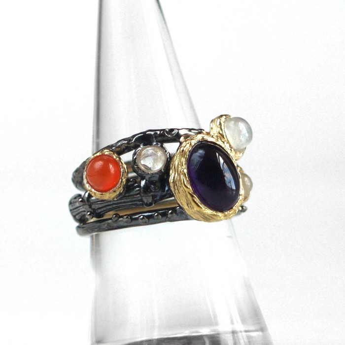 Ring 925 Silber Multicolor Edelsteine Amethyst handgefertigt - Bezaubernd!