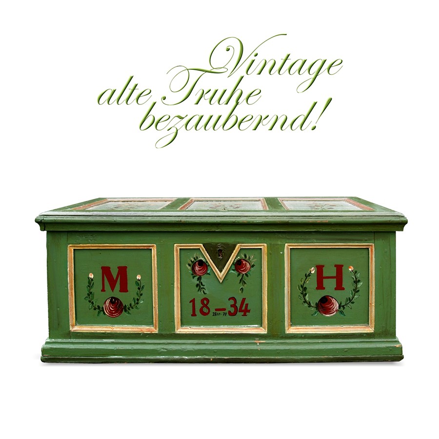 Bezaubernde große Bauerntruhe grün bemalte Vintage Truhe Bauerntruhe antik