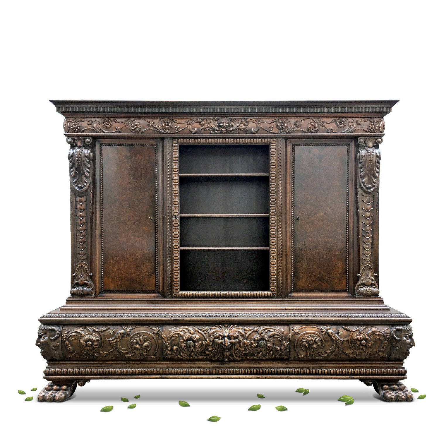 Bücherschrank antik Neorenaissance Schrank Fratzen und Löwentatzen Fabelwesen Antiquität