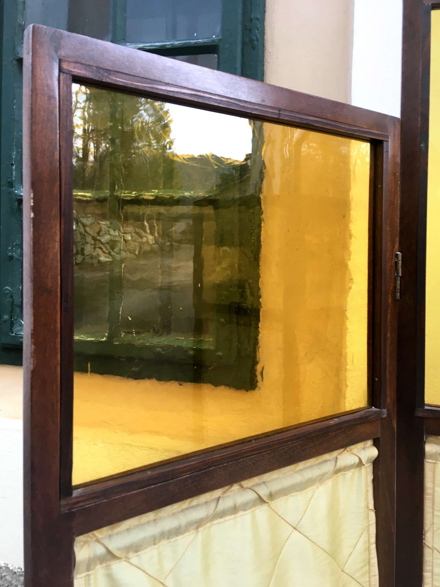 Paravent Raumteiler spanische Wand Stellschirm Holz Glas Stoff