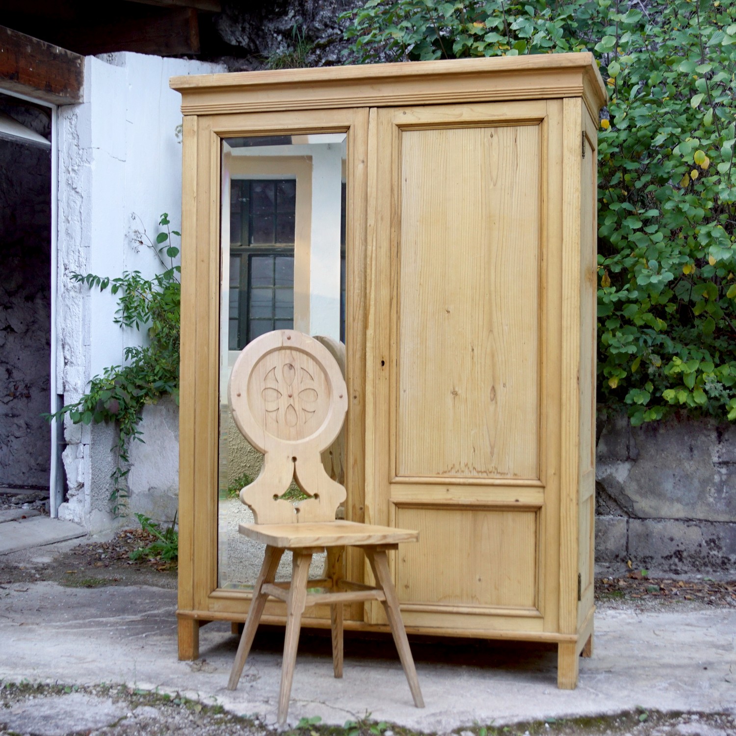 Bauernschrank antik Weichholz Dielenschrank Spiegel Schrank Kasten Bauernmöbel Garderobe kleiderschrank Naturholz Rustikal