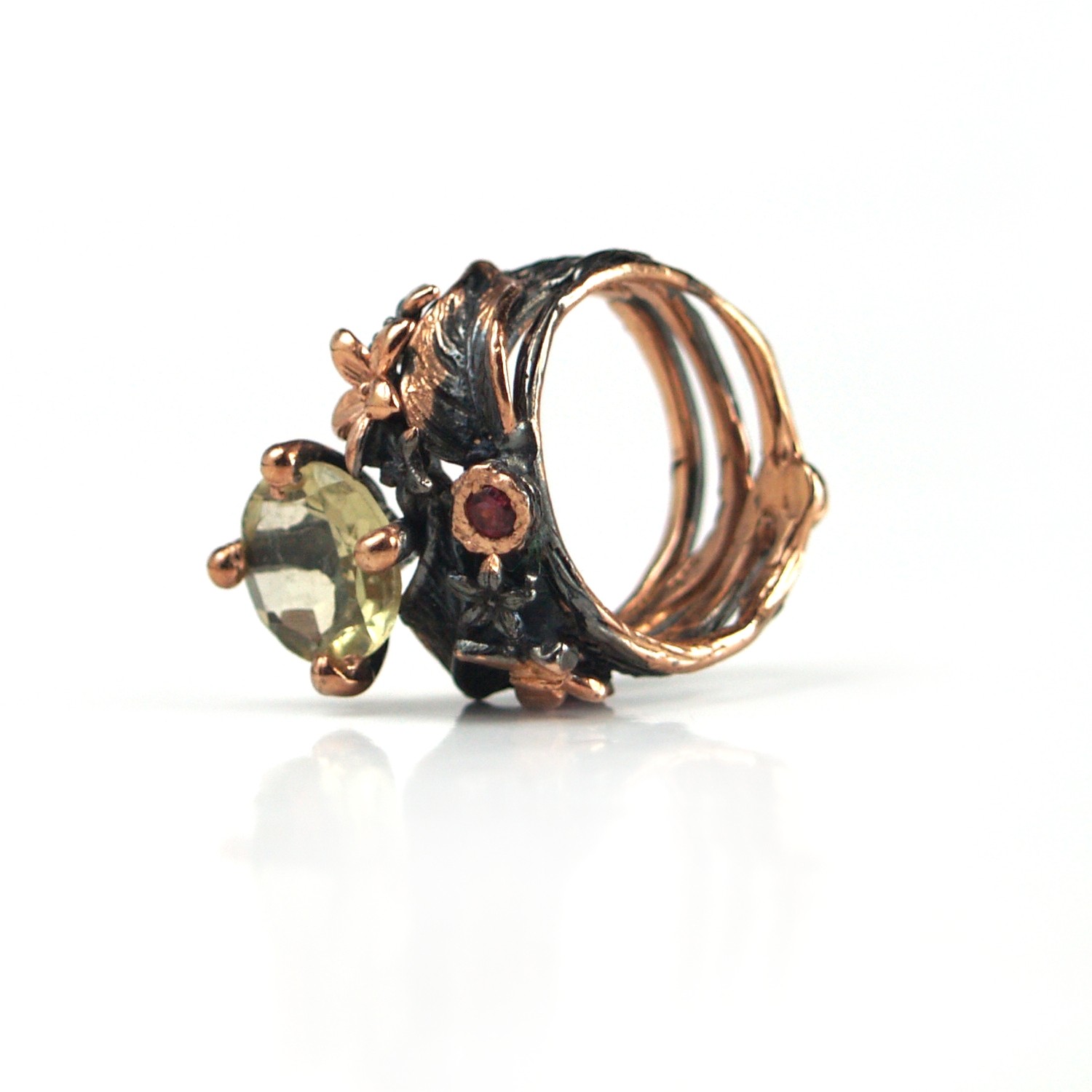 Ring 925 Silber Zitronenquarz Blüte Schmetterling handgefertigt