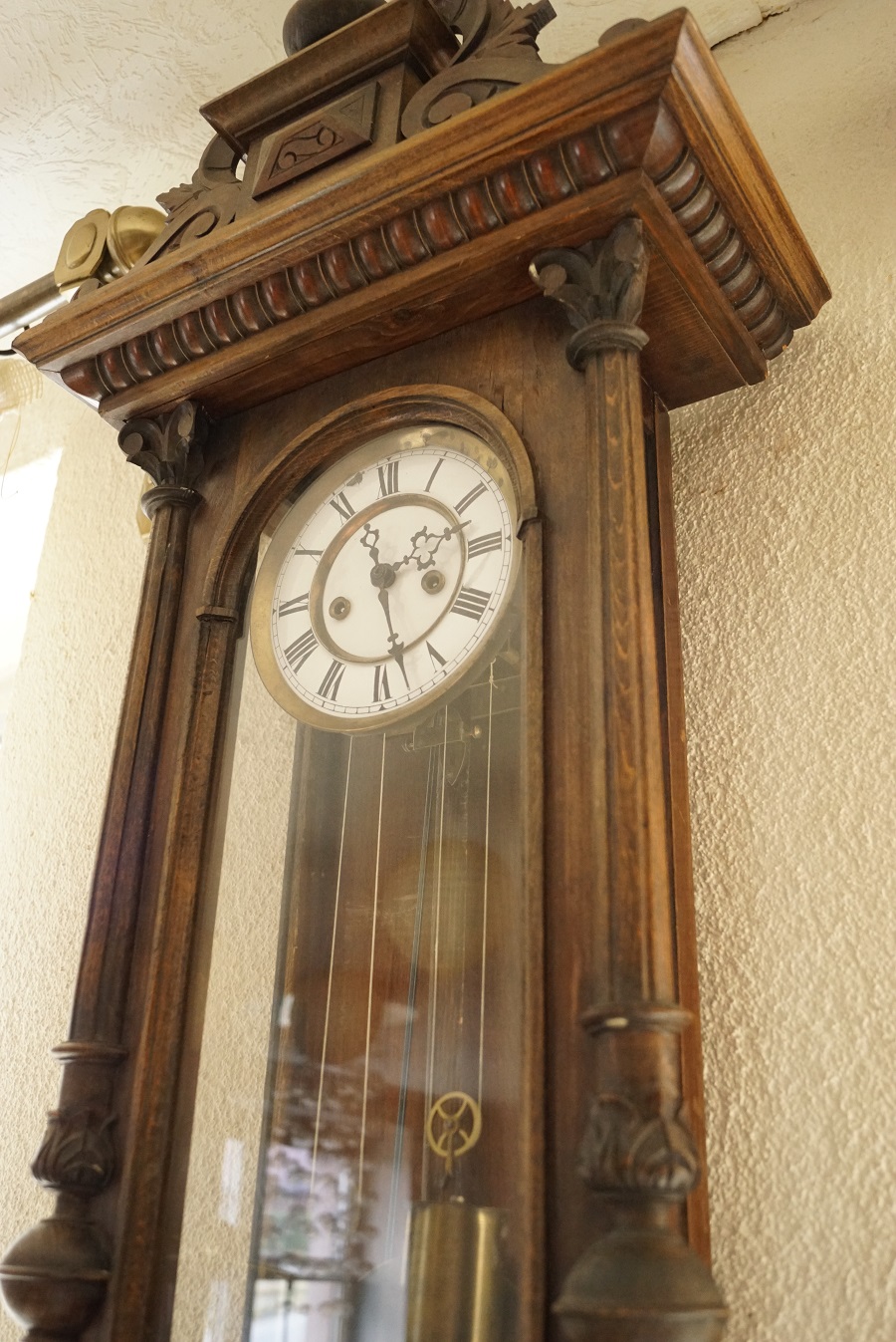 Altdeutsch antike Uhr Junghans Gründerzeit mechanisches Uhrwerk repariert funktionstüchtig Gewichte gewichtsaufzug Emaille Schlüsselblatt römische Ziffern