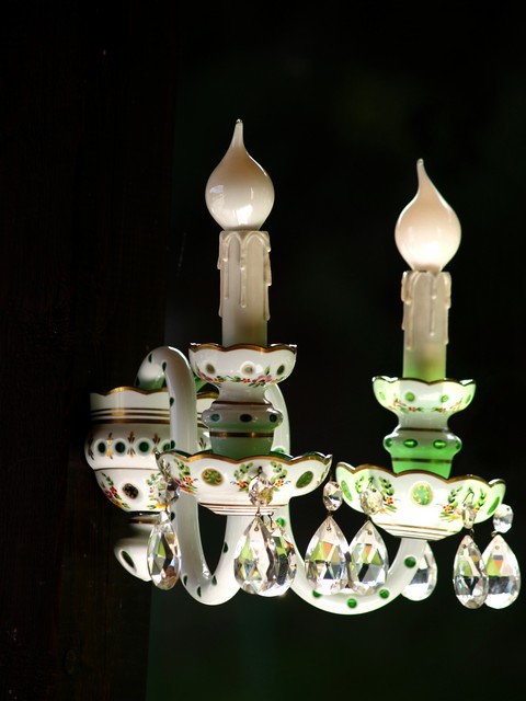 Böhmisches Handwerk Kristallglas Lampe Vintage Wandlampe Wandleuchte böhmisches Kristallglas grün weiß antiker Leuchter