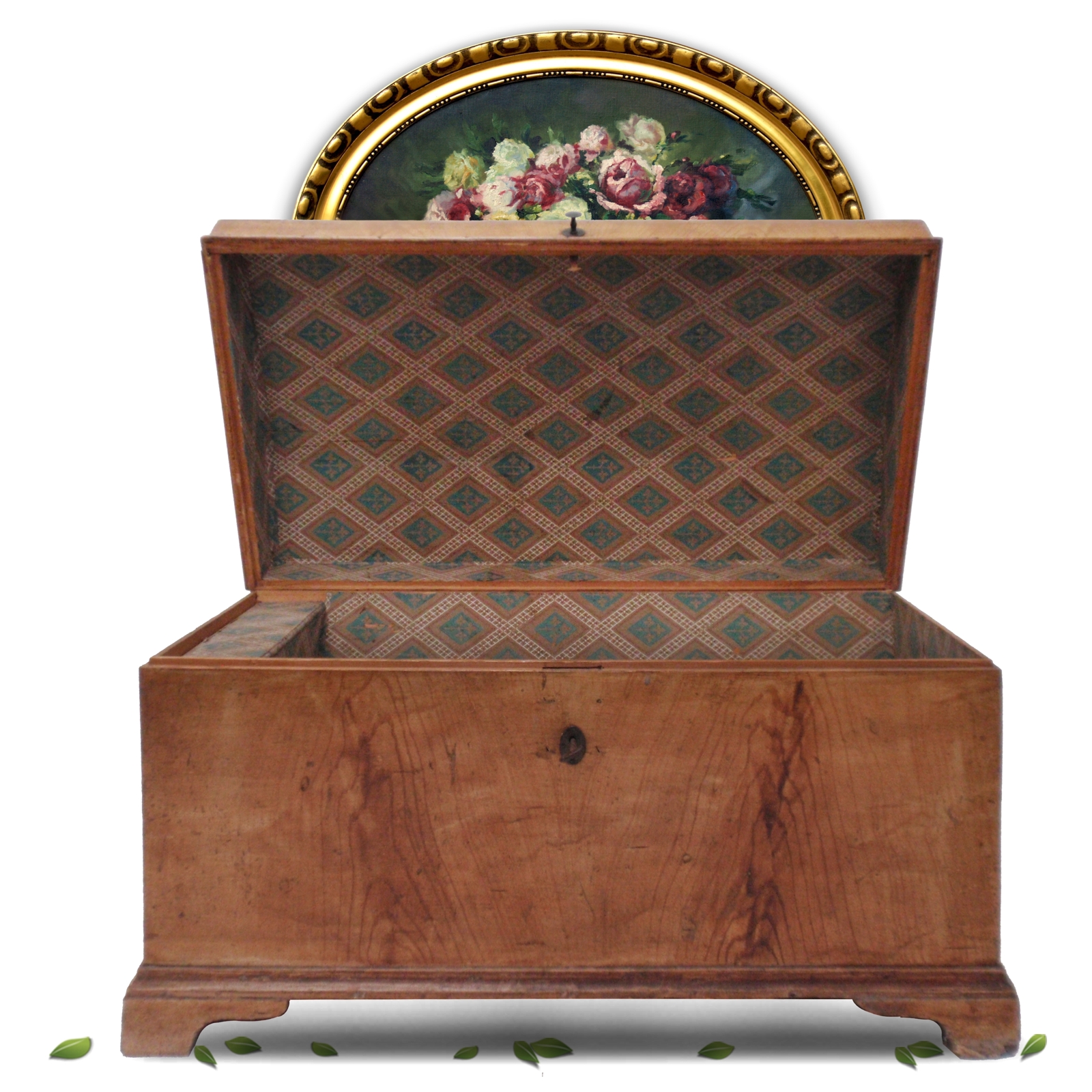 Antike Truhe Vollholz furniert, innen tapeziert Rautestoff elegant Truhe antik Vollholz furniert hellbraun