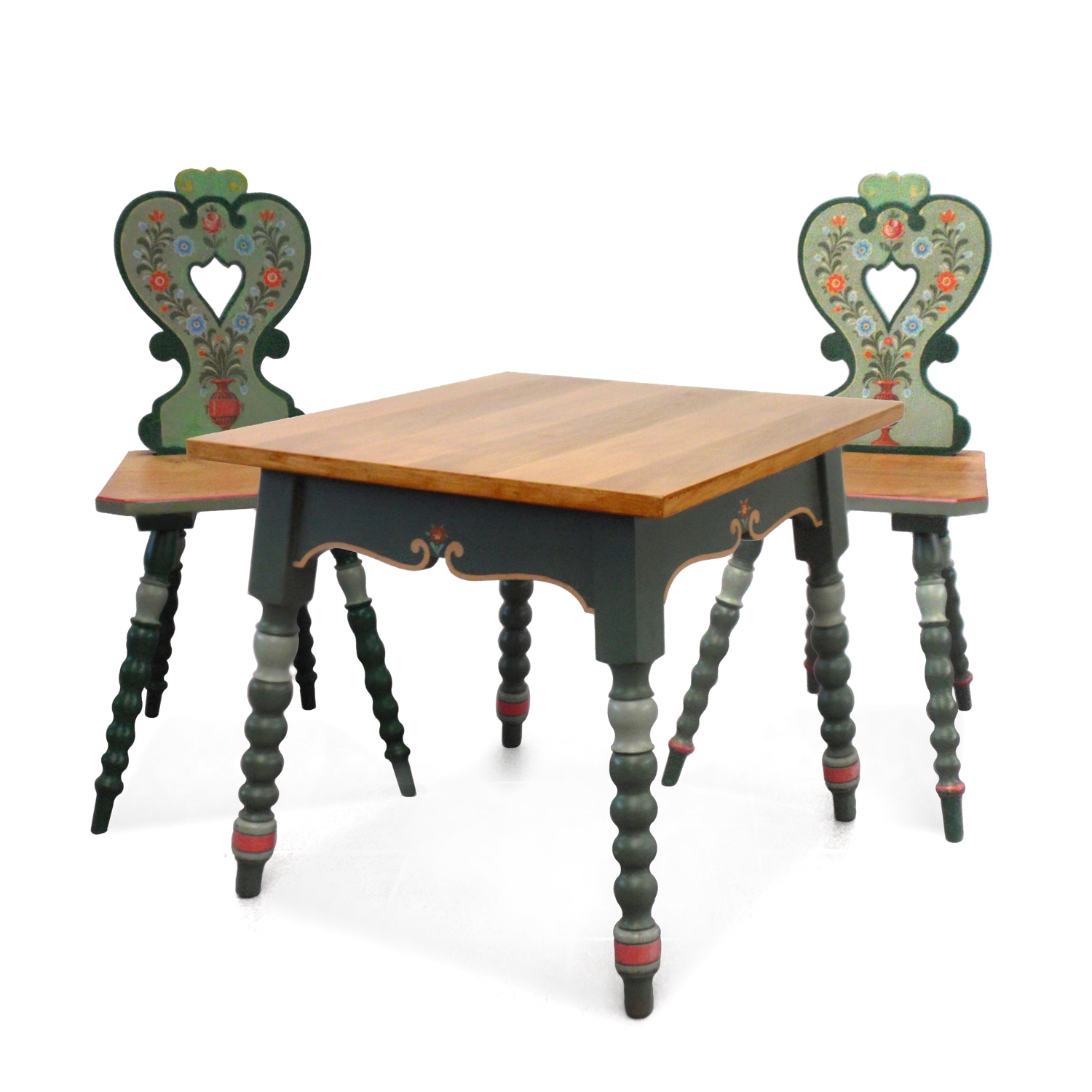 Bauerntisch Tisch mit zwei Stühl / Sessel handbemalt f. Landhaus Tisch Landhaus bemalt grün Sessel Herz Jogltisch Bauernstube