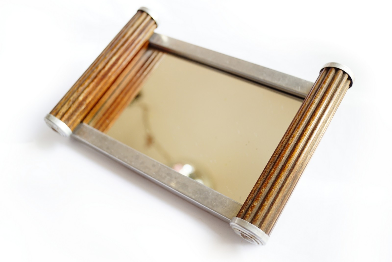 Serviertablett antik Art Deco silbern 1920 Chromline Design Holz Antiquität Rauchertisch