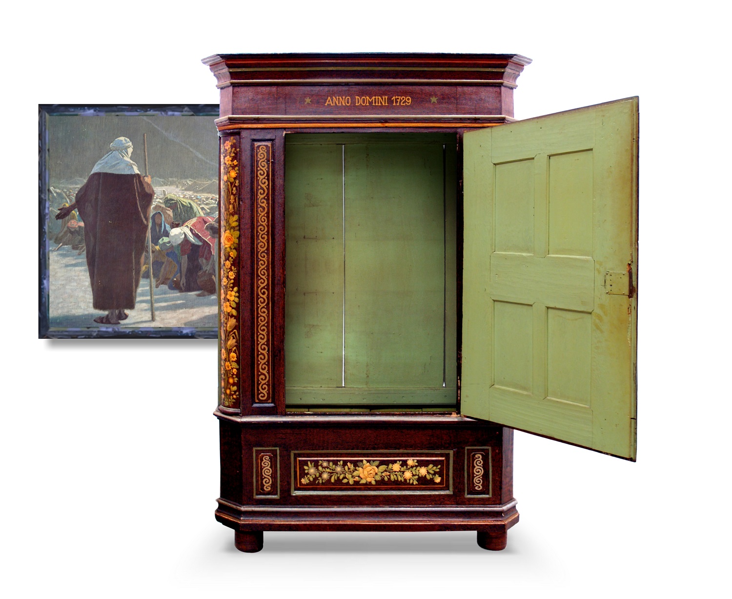 Bauernschrank antik 1729 Keilschrank 18.Jahrhundert Bauernmöbel Antiquität Barock grün Hotelmöbel