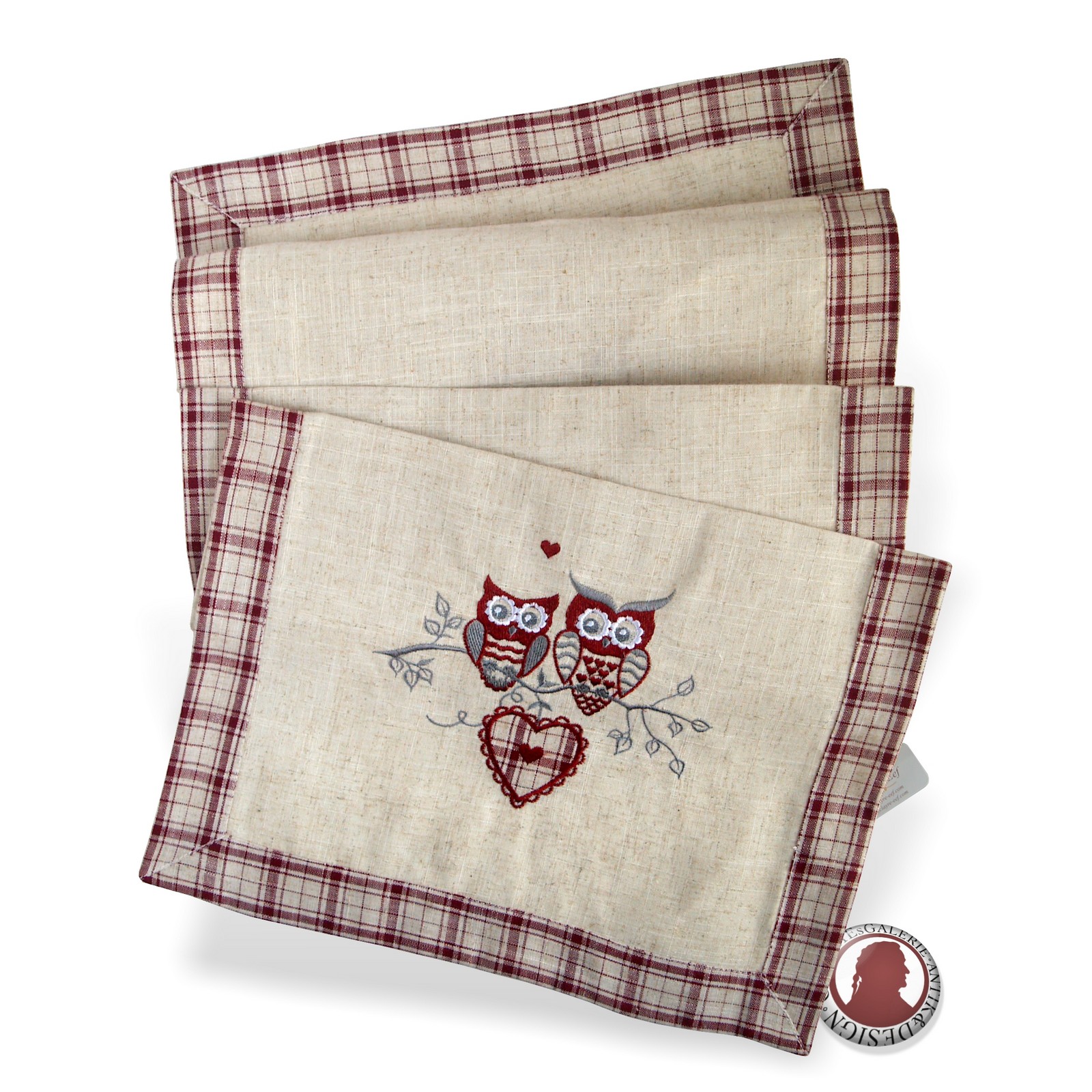 Clayre & Eef Tischläufer 120x40 Tischdecke creme rot Landhausstil Eulen Tischläufer Landhausstil Karo Herzen Eulen Clayre Eef rot Hotel Textilien