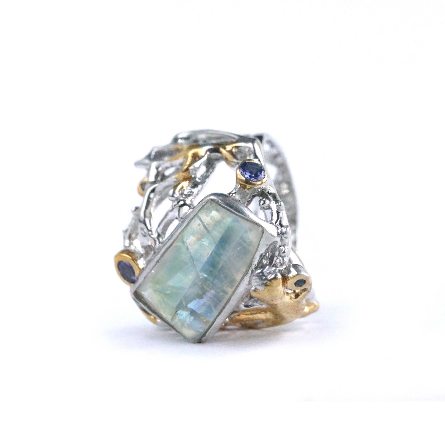 Ring 925 Silber Mondstein natürlich Tansanit Saphir Handarbeit