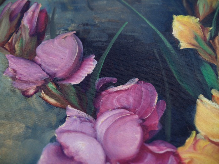 Ölbild vintage STilleben Blumen rosen gladiolen Öl auf Leinen antik rosa gelb grau