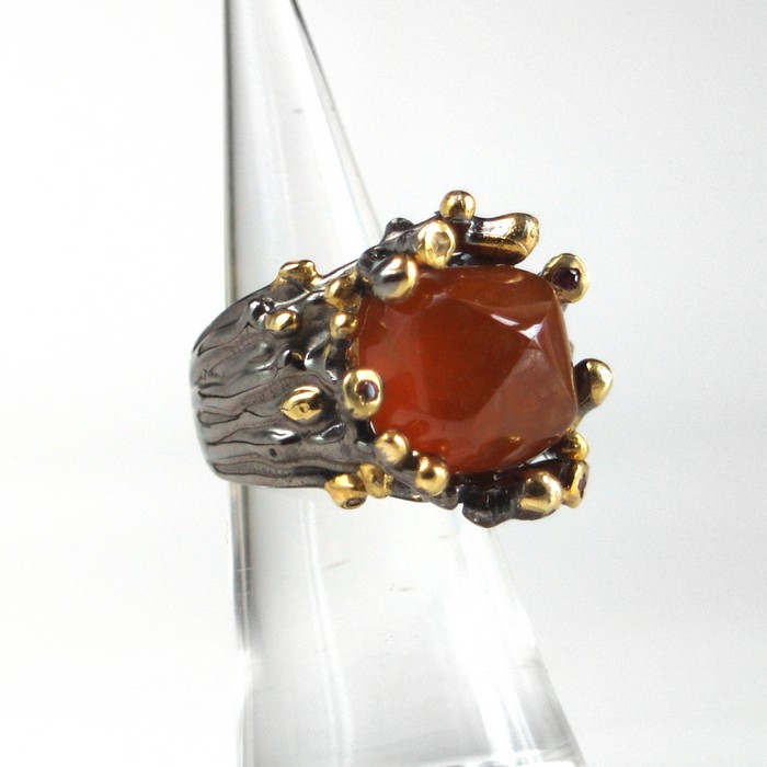 Ring 925 Silber Edelstein Hessonit Koralle handgefertigt