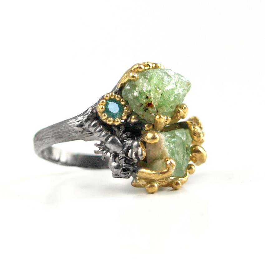 925 Silber Ring Juweliersarbeit handgemacht Edelsteine Saphir Smaragd Aquamarin Peridot