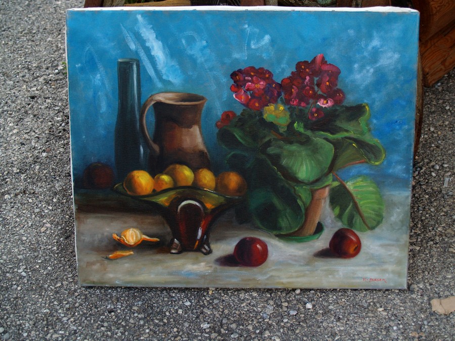 Ölbild großes Stilleben Blumen Veilchen Kirschen blau rot antik