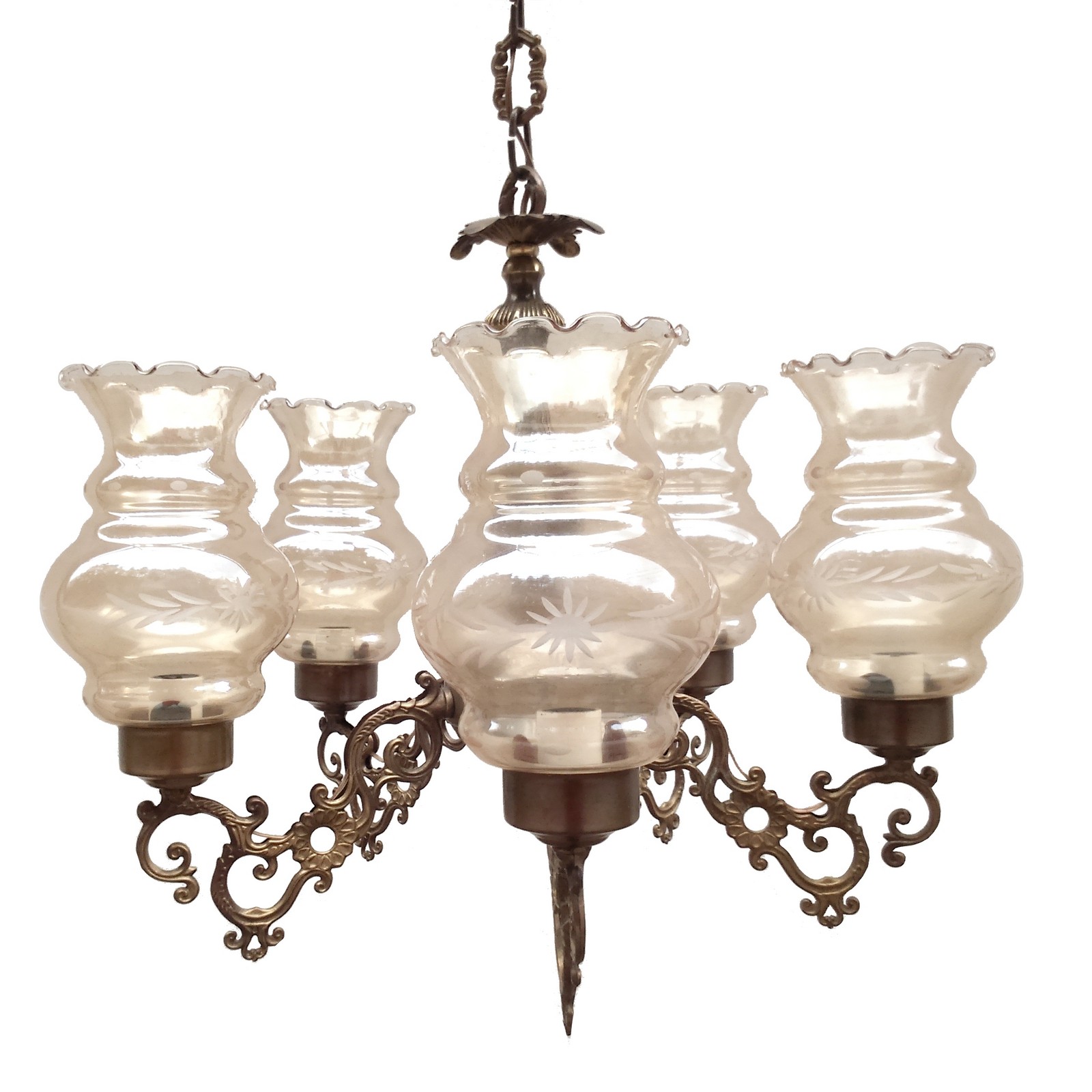 Luster goldfarben Messing Glas Hängelampe 5-flammig edel Luster Glasschirme