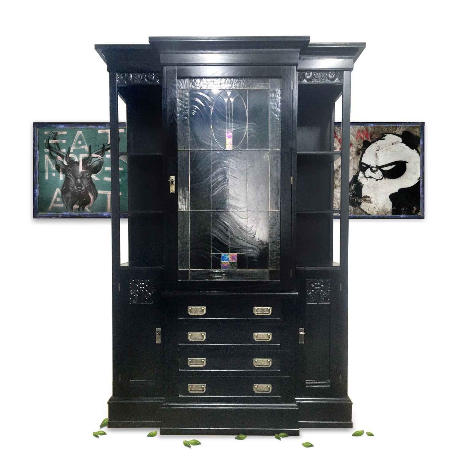 Schrank Jugendstil Buffet dreiteilig schwarz Bleiverglasung Schrank Jugendstil Buffet dreiteilig Anrichte schwarz Bleiverglasung Selva