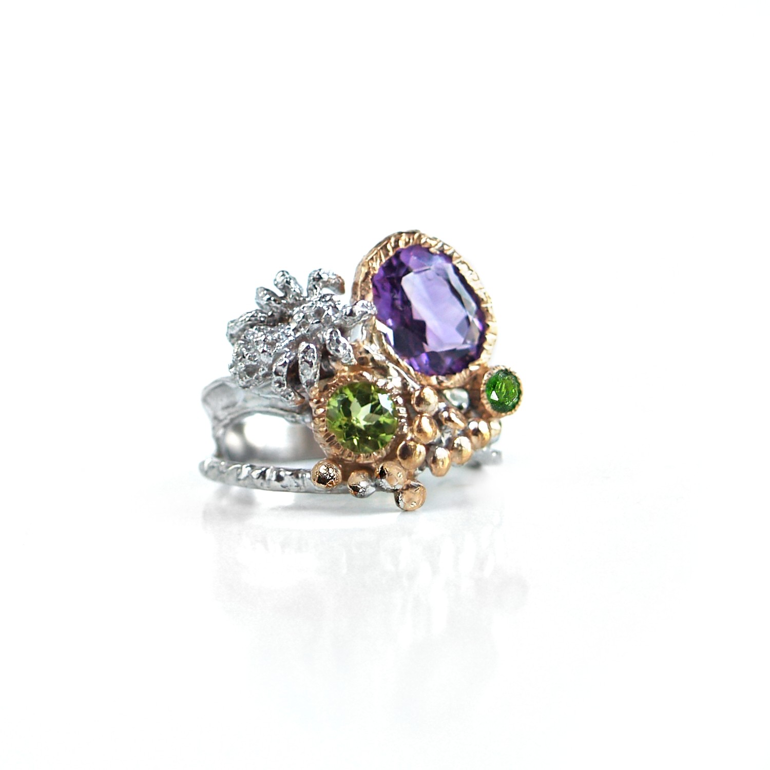 Ring 925 Silber Amethyst Peridot Edelsteine Spinne Spider Ring Amethyst Silber 925 Edelsteine Handarbeit Multicolor