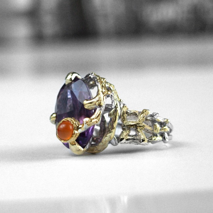 Ring 925 Silber zierlich großer Amethyst Karneol