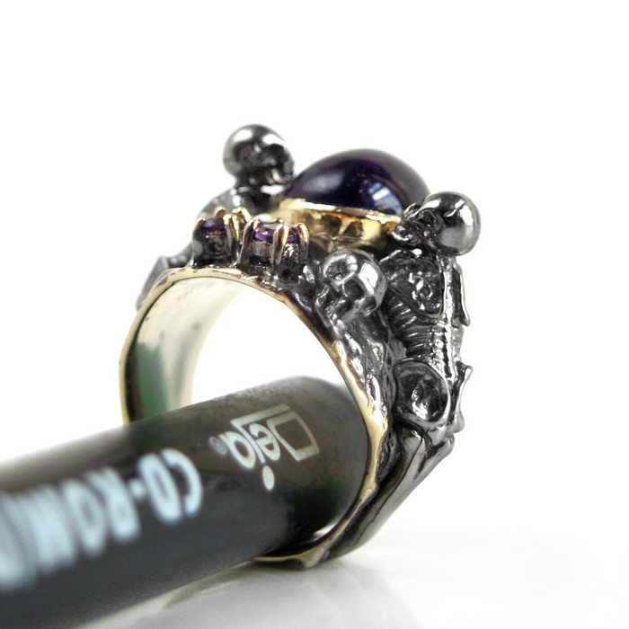 Steampunk Ring 925 Silber mit echten Edelsteinen Skelett Totenkopf handgefertigt 