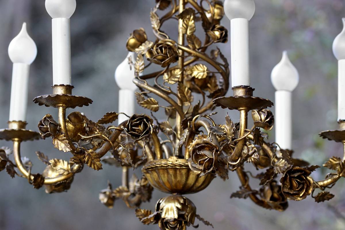 Florentiner Vintage Kronleuchter Rosen vergoldet Jugendstil Mid Century Regency-Stil Kögl