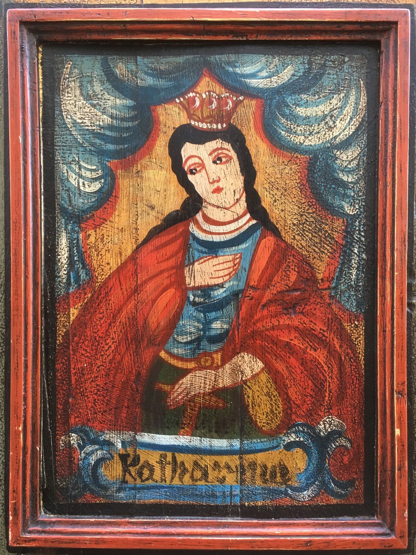 Sakraler Bauernschrank antiker Bauernkasten bemalt Vollholz Maria Heiligenfigur Katharina Landhaus Möbel