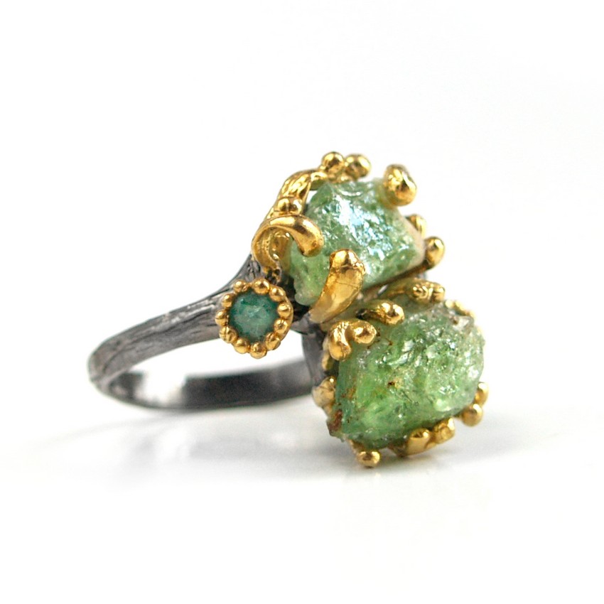 Damenring 925 Silber grüne Steine Handarbeit Krebs