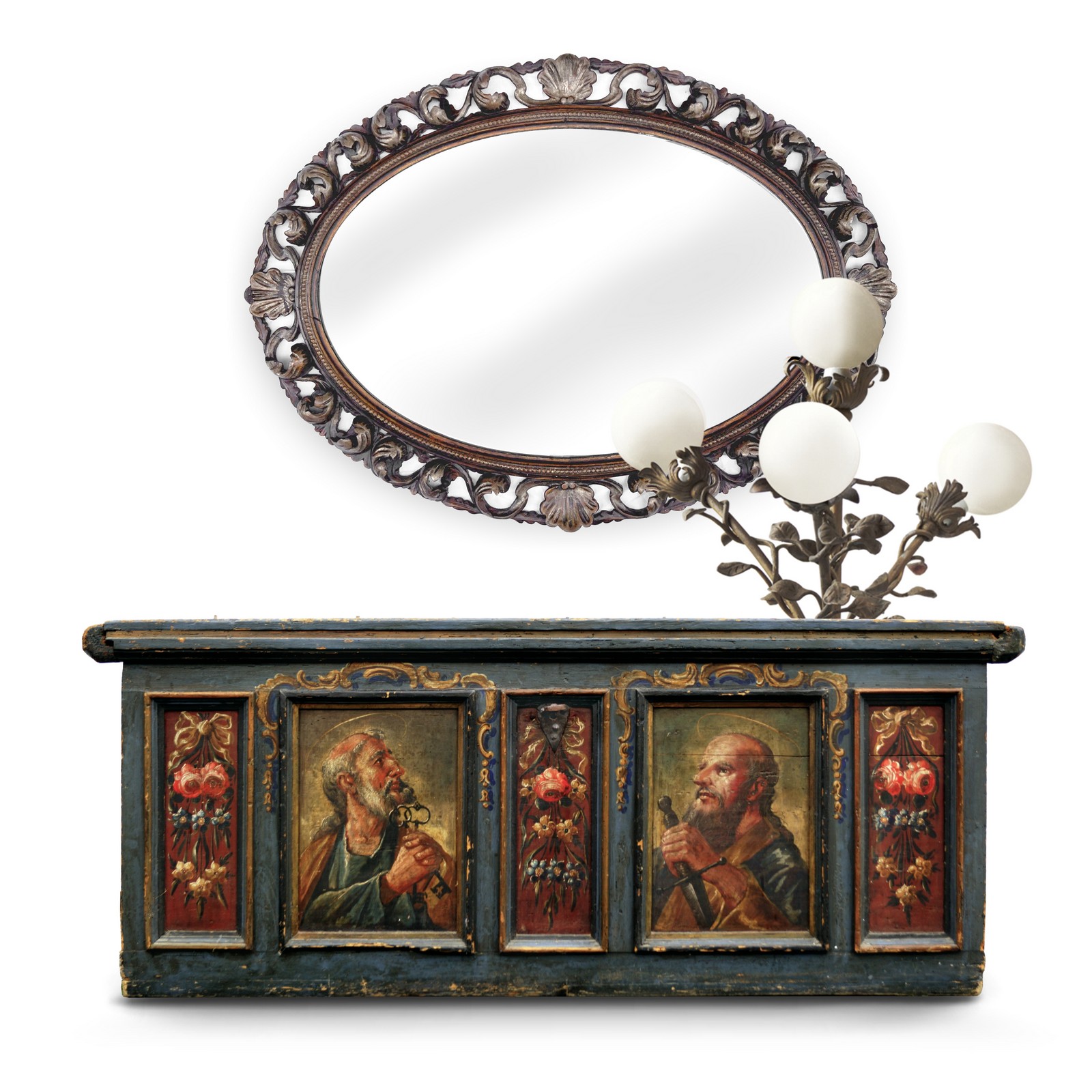 antike Truhe sakral bemalte Bauerntruhe um 1850 Barock antike Truhe Barock sakral bemalte Bauerntruhe um 1850 Barock Heiligenbild Bauernmöbel 18 19 Jahrhundert Petrus Paul Schlüssel Christliche Antiquität