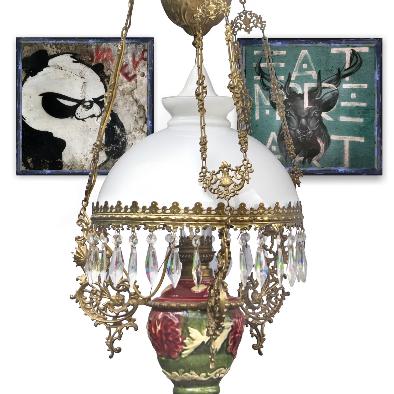 Petroleumlampe Keramik grün höhenverstellbar Majolika Glas Hängelampe antik Petroleumlampe antik Keramik grün rot höhenverstellbar Majolika Hängelampe Kristalle Messing Antiquität Landhausstil