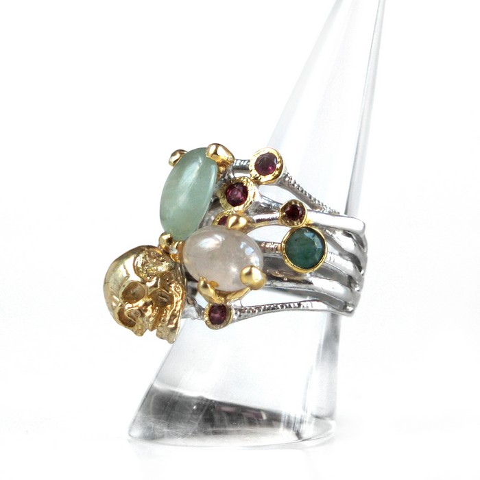 Ring 925 Silber Totenkopf Edelsteine Aquamarin Rhodolit Smaragd TRAUM! Ring 925 Silber Totenkopf Edelsteine Aquamarin Rhodolit Smaragd