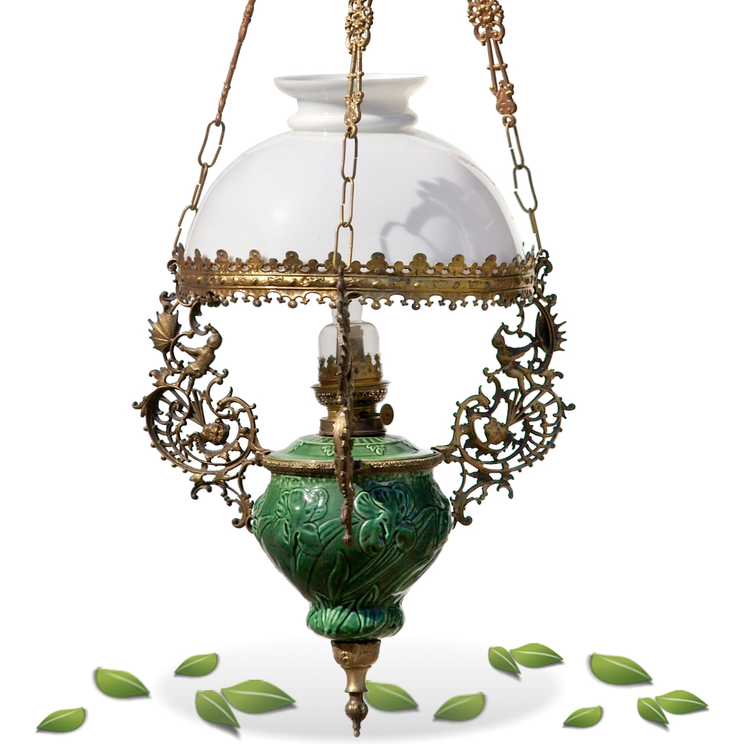 Antike Keramik Lampe Petroleum Luster Majolika grün Vintage Landhaus